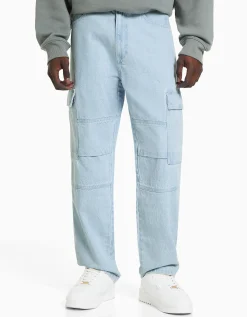 BERSHKA Jean cargo wide Bleu clair Online