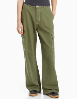 BERSHKA Jean cargo wide Kaki Sale