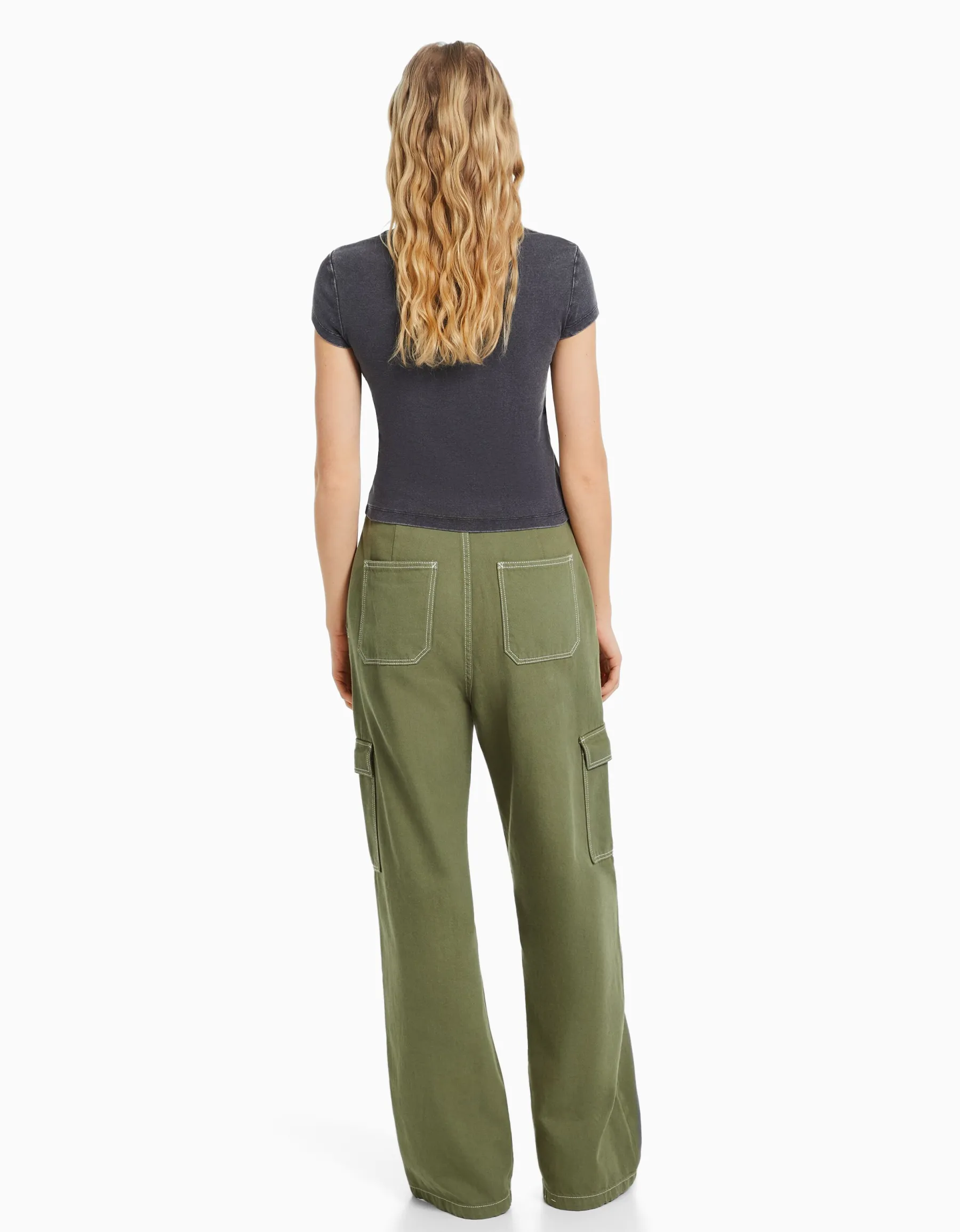 BERSHKA Jean cargo wide Kaki Sale