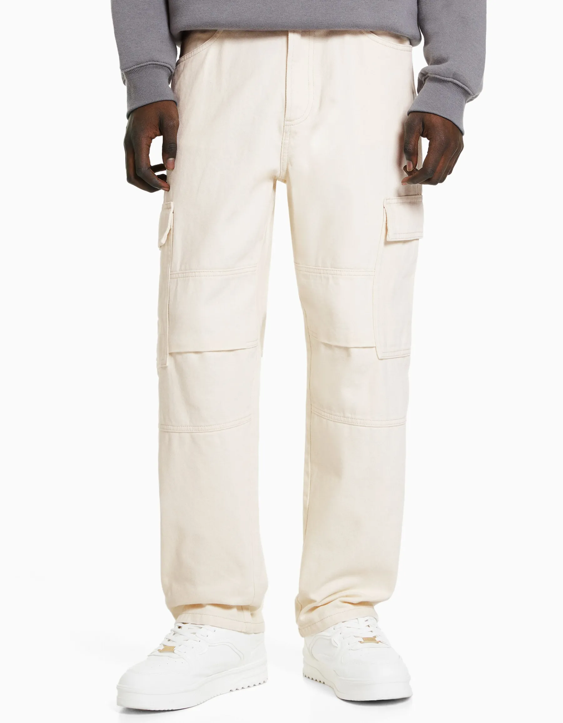 BERSHKA Jean cargo wide Écru Outlet