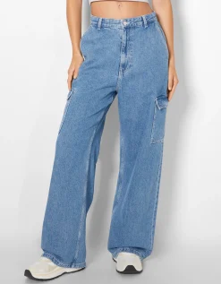 BERSHKA Jean cargo wide Kaki Clearance