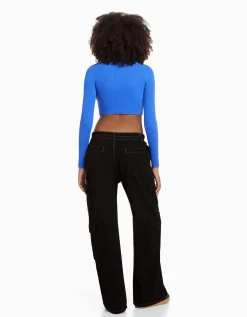 BERSHKA Jean cargo wide leg multipoches Marron Cheap