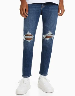 BERSHKA Jean carotte déchiré Bleu Hot