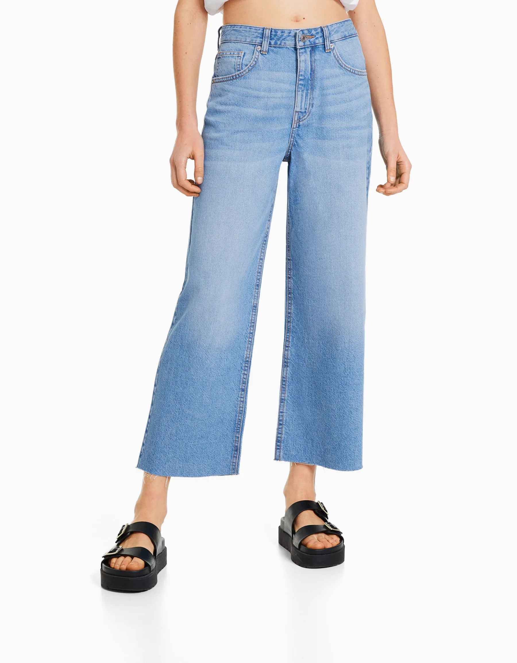 BERSHKA Jean cropped wide leg Bleu clair Best