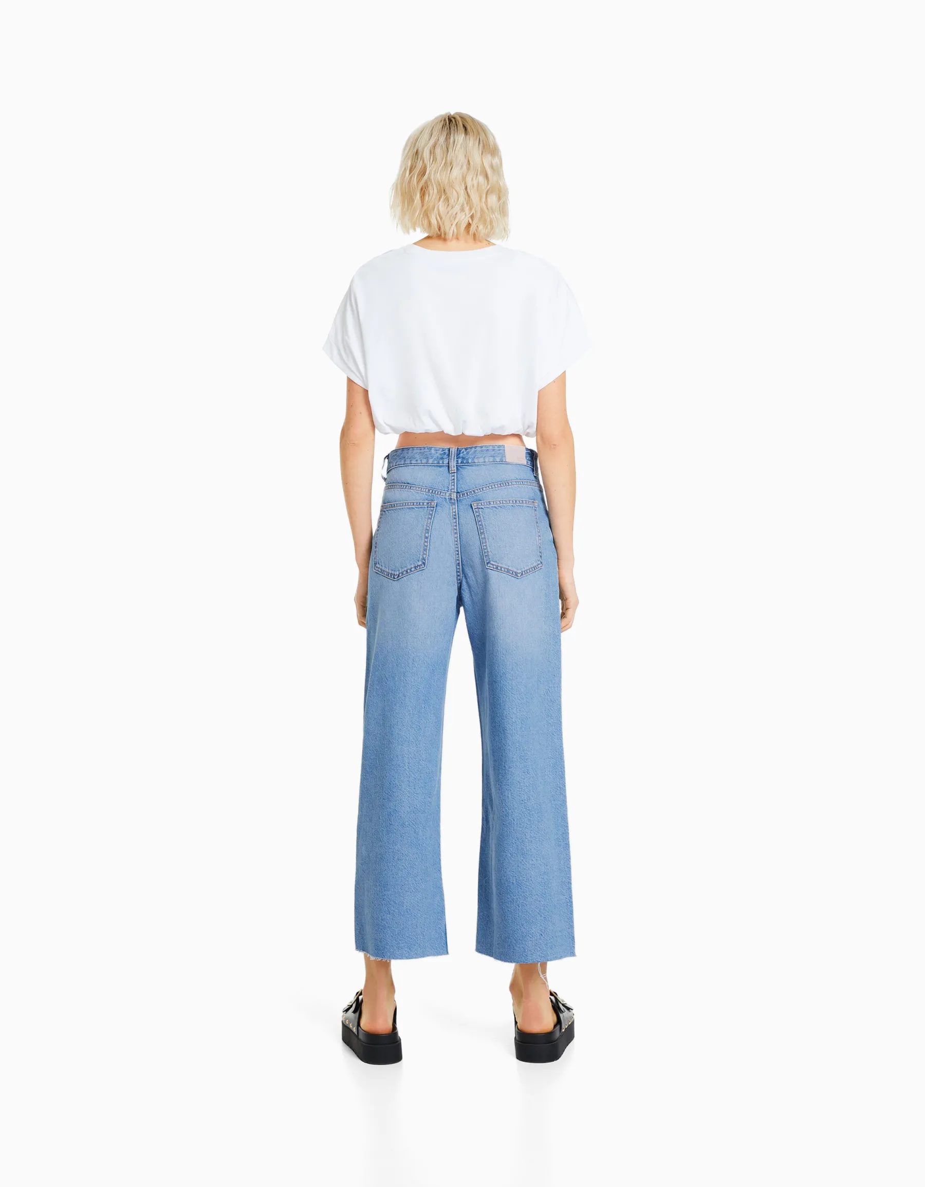 BERSHKA Jean cropped wide leg Bleu clair Best