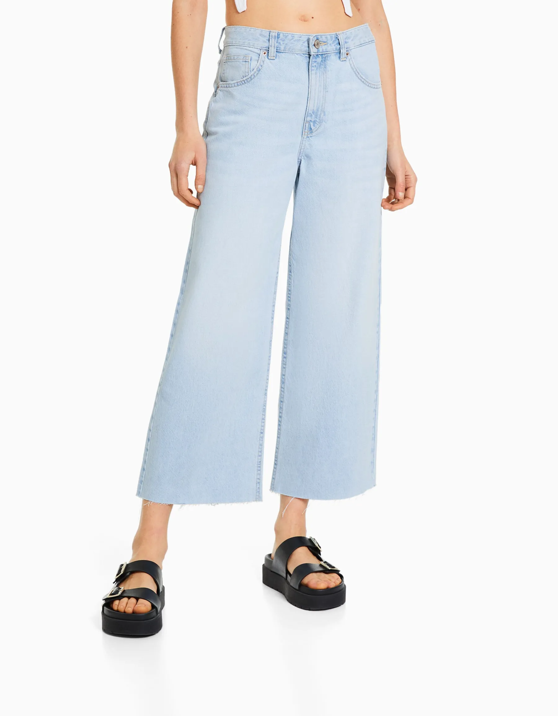 BERSHKA Jean cropped wide leg Bleu clair New