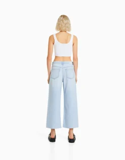 BERSHKA Jean cropped wide leg Bleu clair New