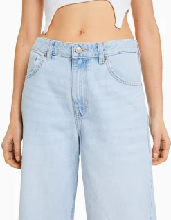BERSHKA Jean cropped wide leg Bleu clair New