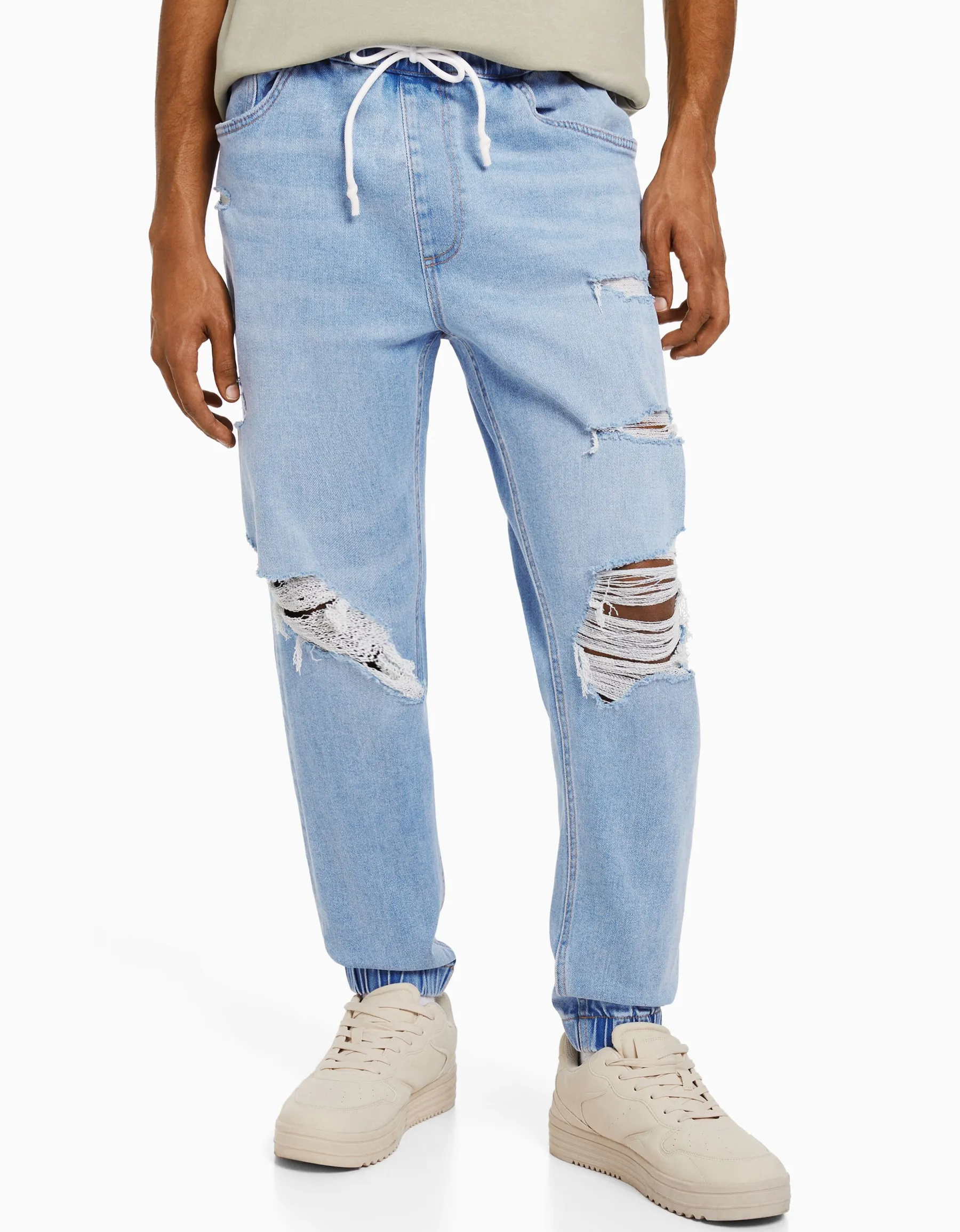 BERSHKA Jean jogger déchiré Bleu New