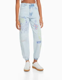 BERSHKA Jean jogger graffiti Bleu lavé Discount