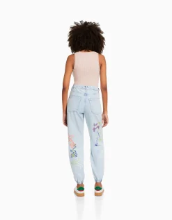 BERSHKA Jean jogger graffiti Bleu lavé Discount