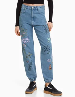 BERSHKA Jean jogger graffiti Bleu lavé Clearance