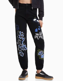 BERSHKA Jean jogger graffiti Bleu lavé Fashion