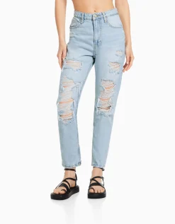 BERSHKA Jean mom déchiré Bleu lavé Flash Sale