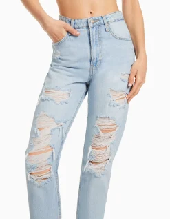 BERSHKA Jean mom déchiré Bleu lavé Flash Sale