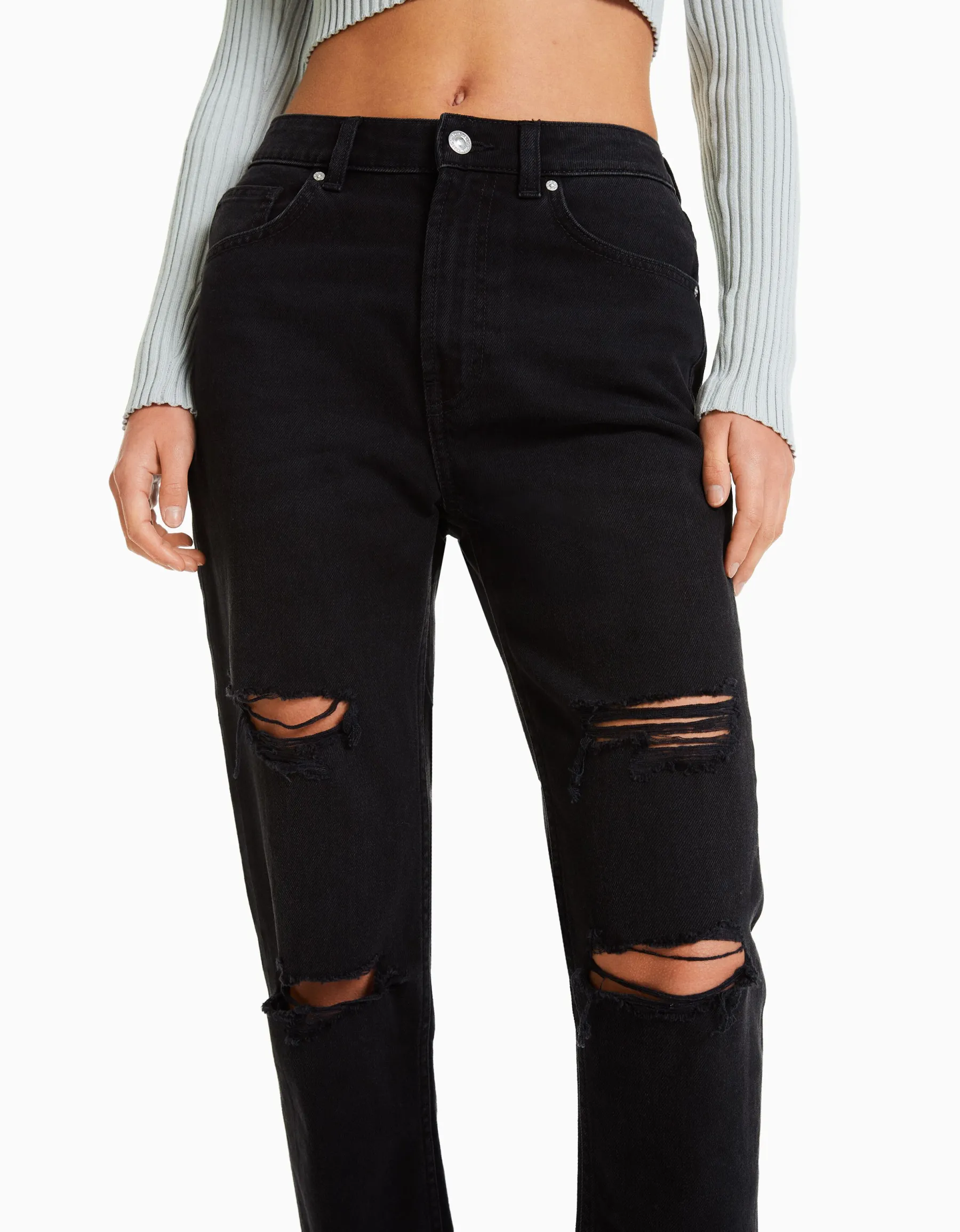 BERSHKA Jean mom déchiré Bleu Best