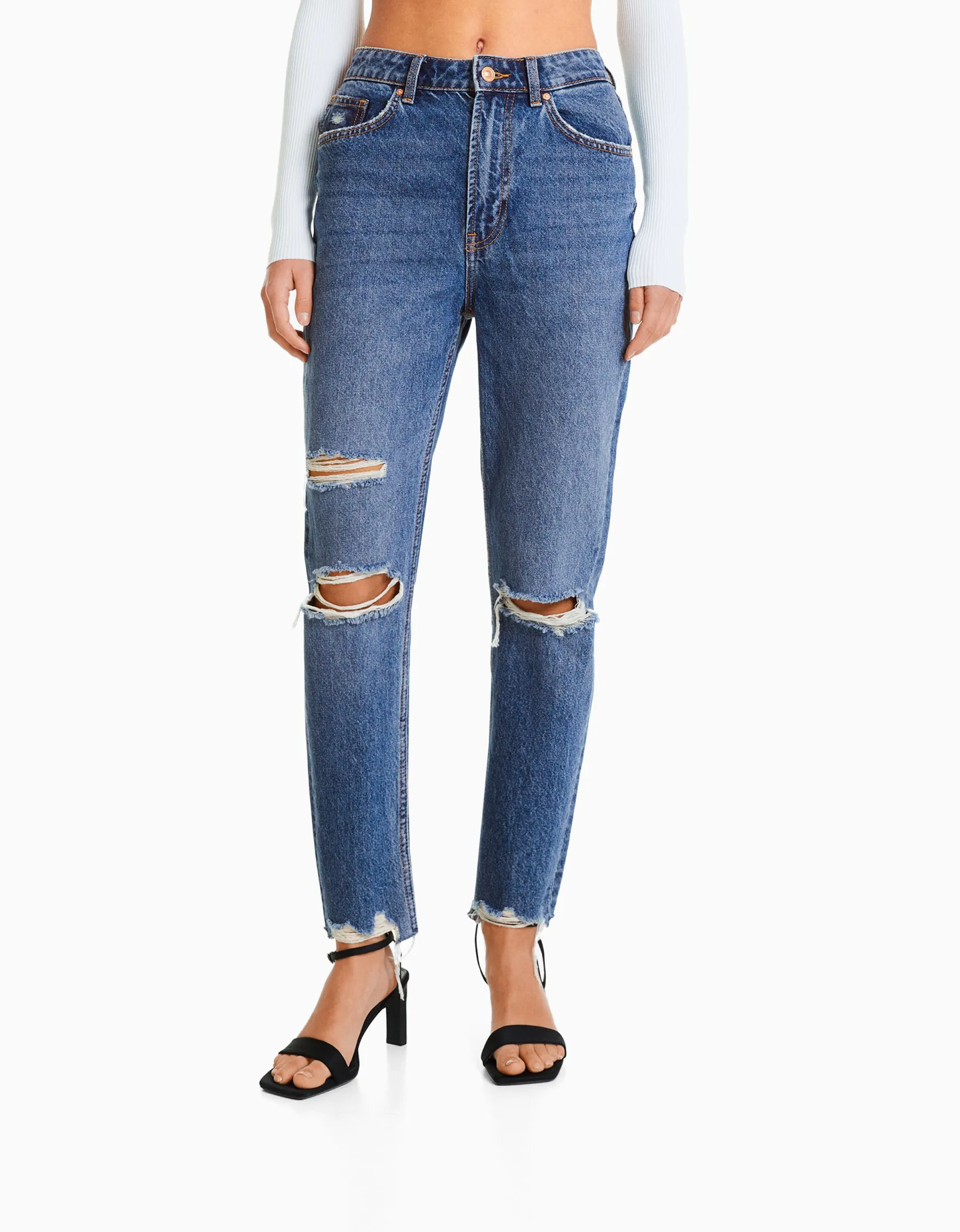 BERSHKA Jean mom déchiré Bleu Store
