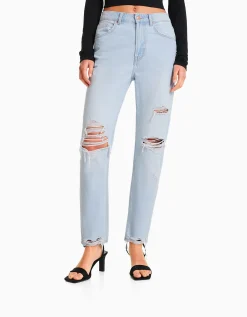 BERSHKA Jean mom déchiré Bleu Best