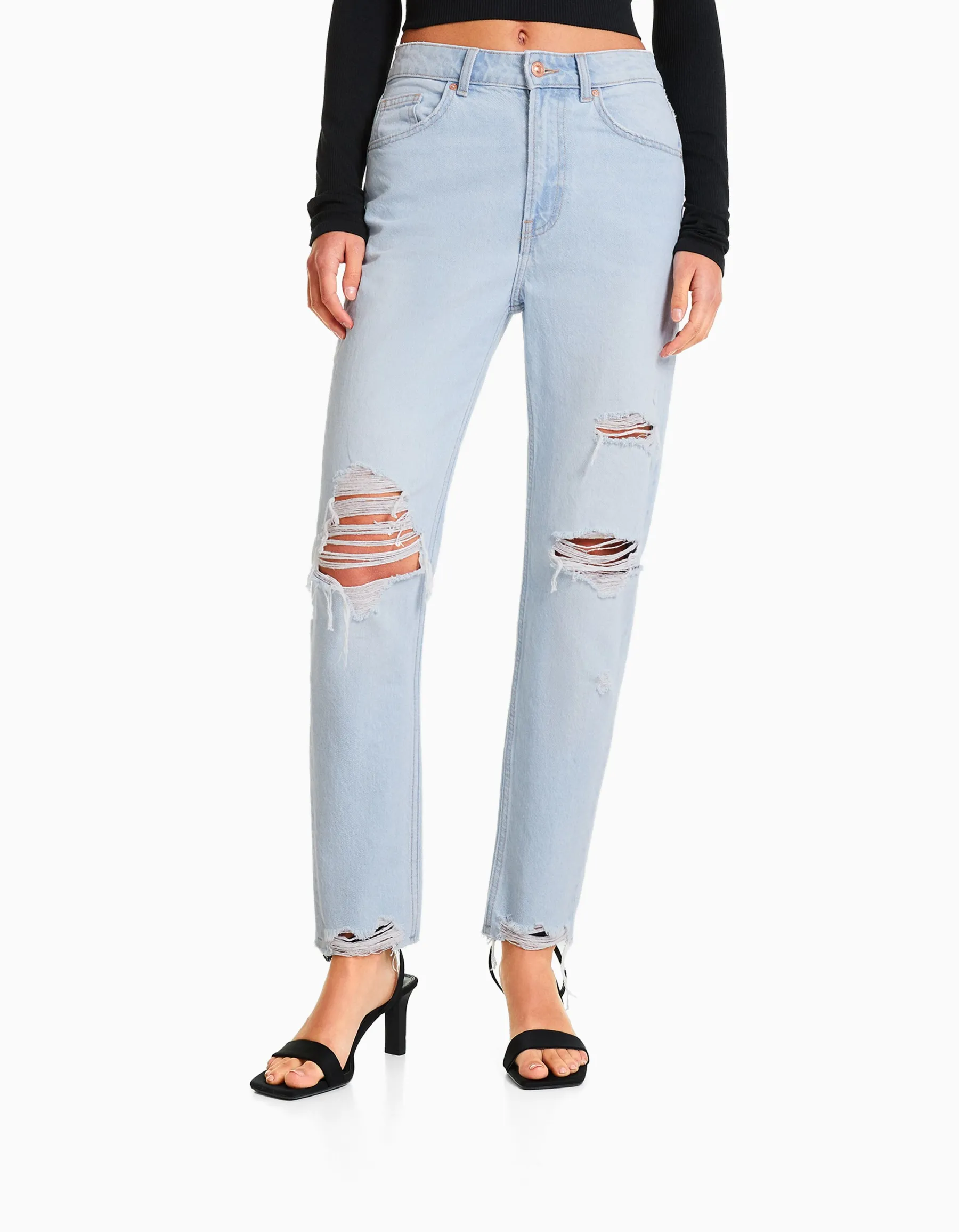 BERSHKA Jean mom déchiré Bleu Best