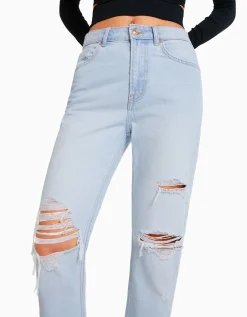 BERSHKA Jean mom déchiré Bleu Best