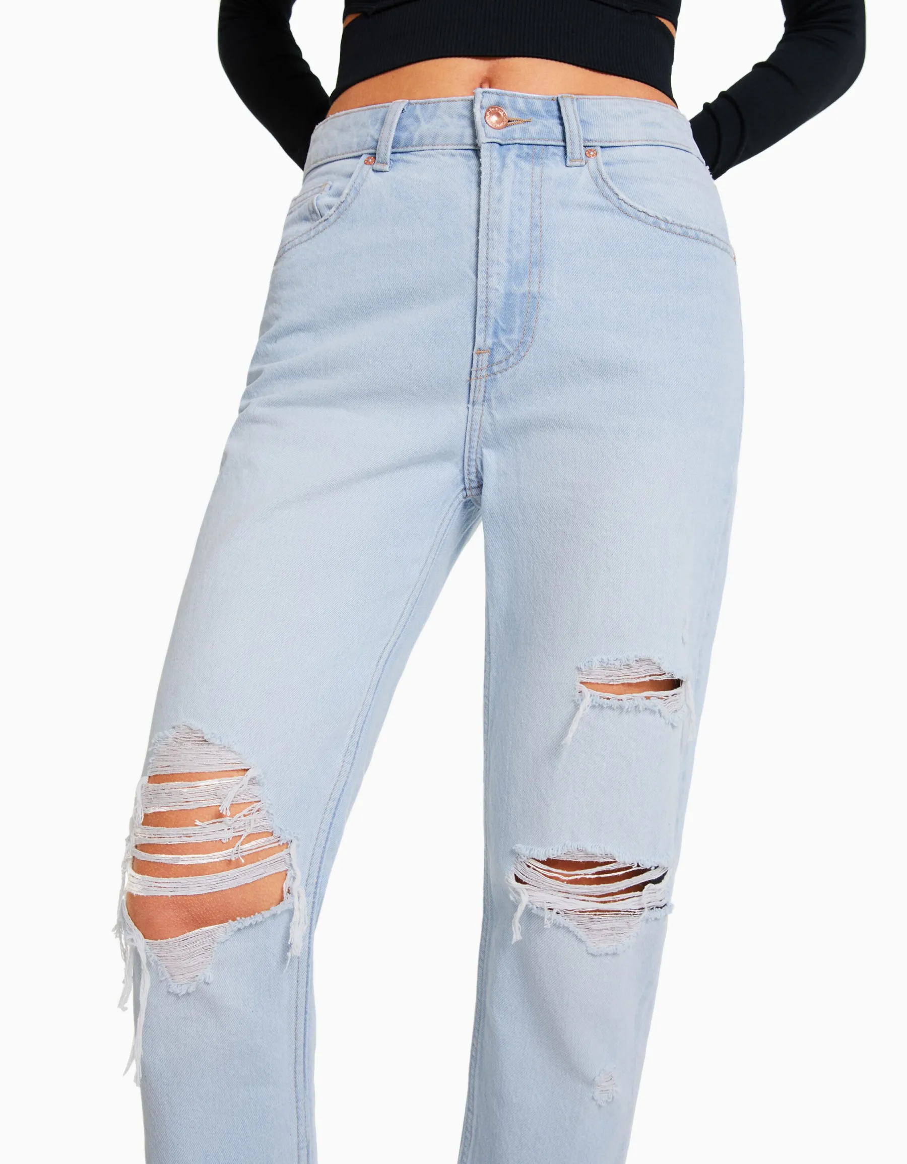 BERSHKA Jean mom déchiré Bleu Best