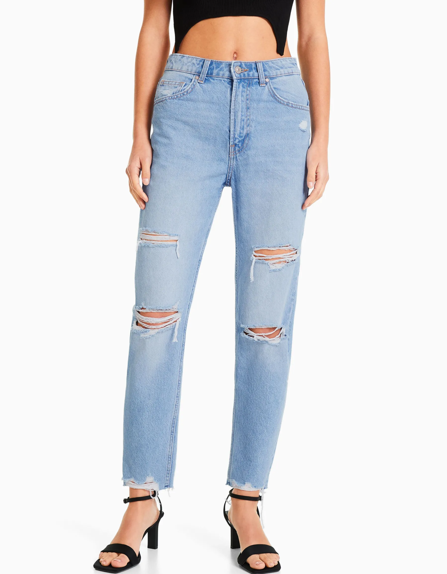 BERSHKA Jean mom déchiré Bleu Store