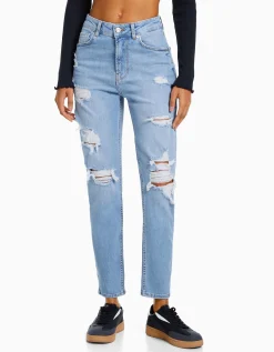 BERSHKA Jean mom décontracté déchiré Bleu Flash Sale