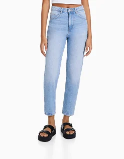 BERSHKA Jean mom fit Bleu lavé Cheap