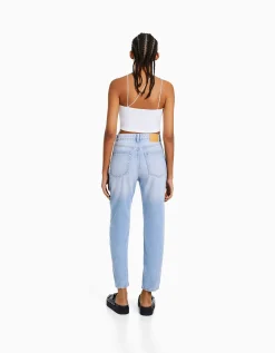 BERSHKA Jean mom fit Bleu lavé Cheap