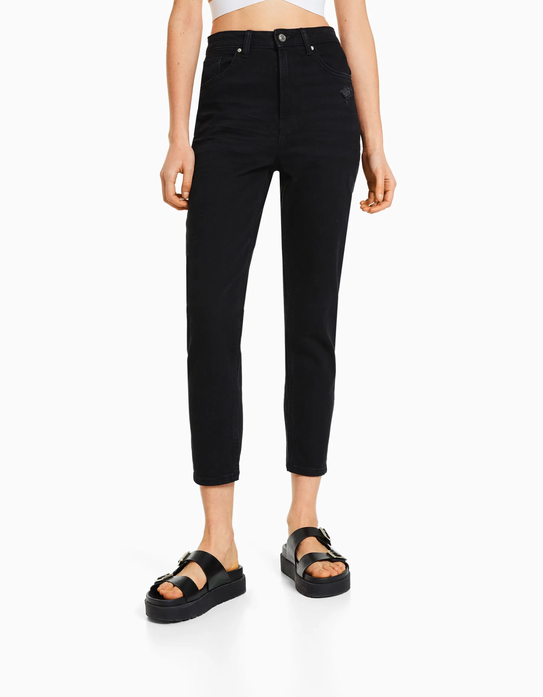 BERSHKA Jean mom slim décontracté Bleu lavé Fashion