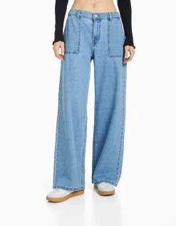BERSHKA Jean 90’s taille élastique poches Bleu lavé Best Sale