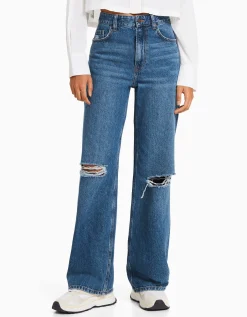 BERSHKA Jean 90’s wide déchiré Bleu Fashion