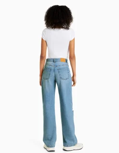 BERSHKA Jean 90’s wide déchiré Bleu Cheap