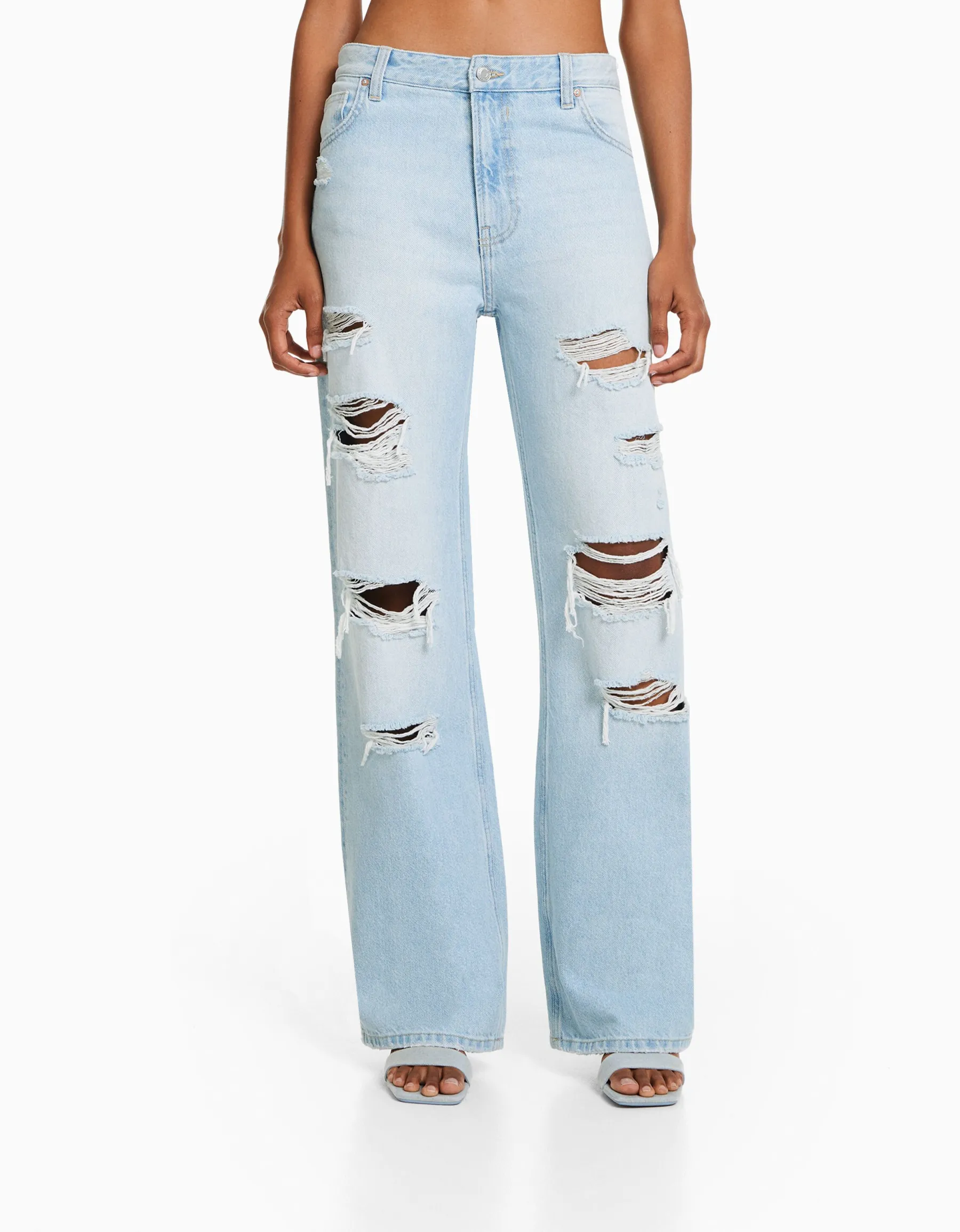 BERSHKA Jean 90’s wide leg déchiré Bleu lavé Cheap