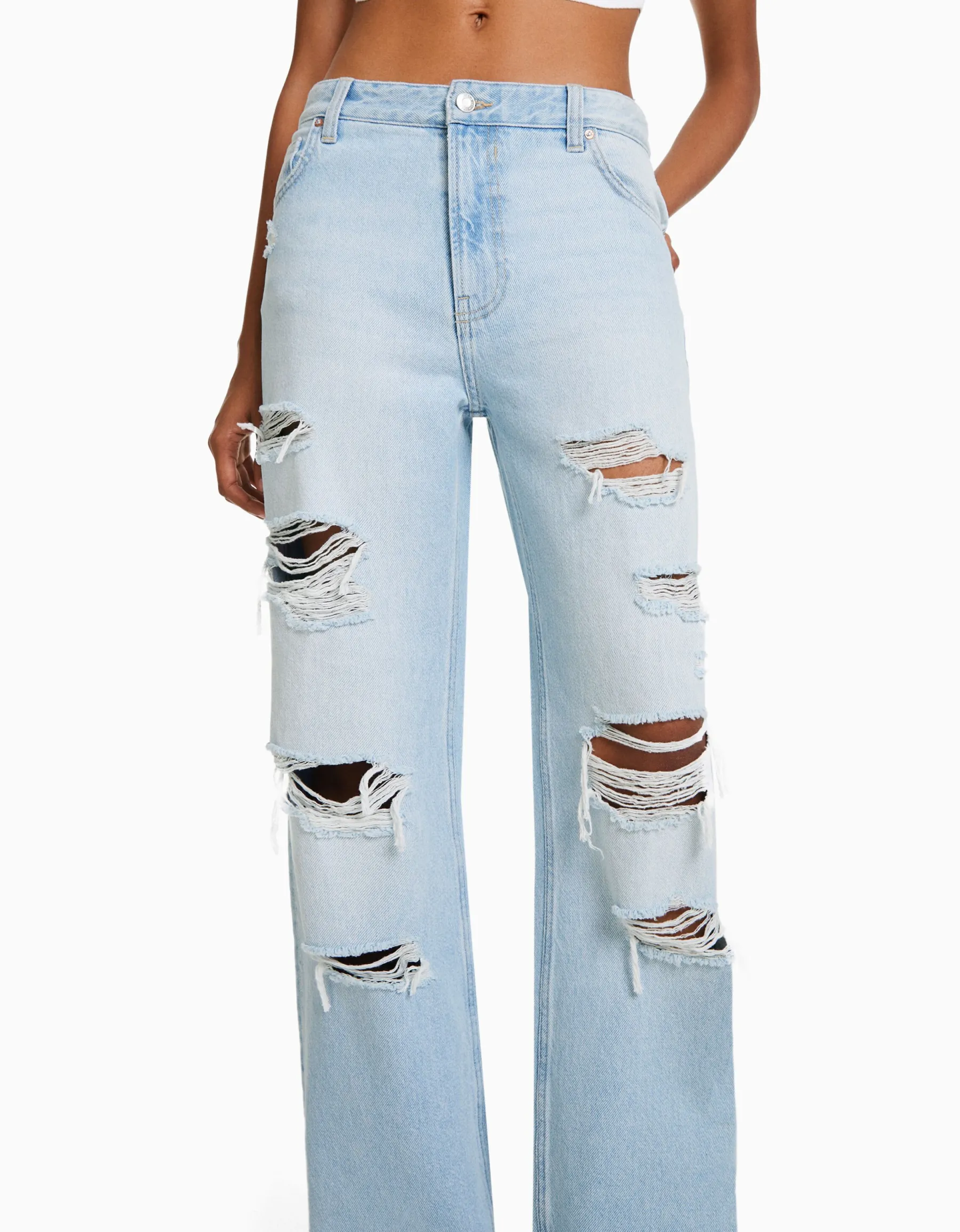 BERSHKA Jean 90’s wide leg déchiré Bleu lavé Cheap