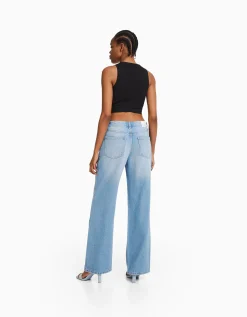 BERSHKA Jean 90’s wide leg déchiré Bleu lavé Discount