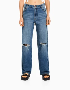 BERSHKA Jean 90’s wide leg déchiré Bleu Fashion
