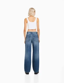 BERSHKA Jean 90’s wide leg déchiré Bleu Fashion