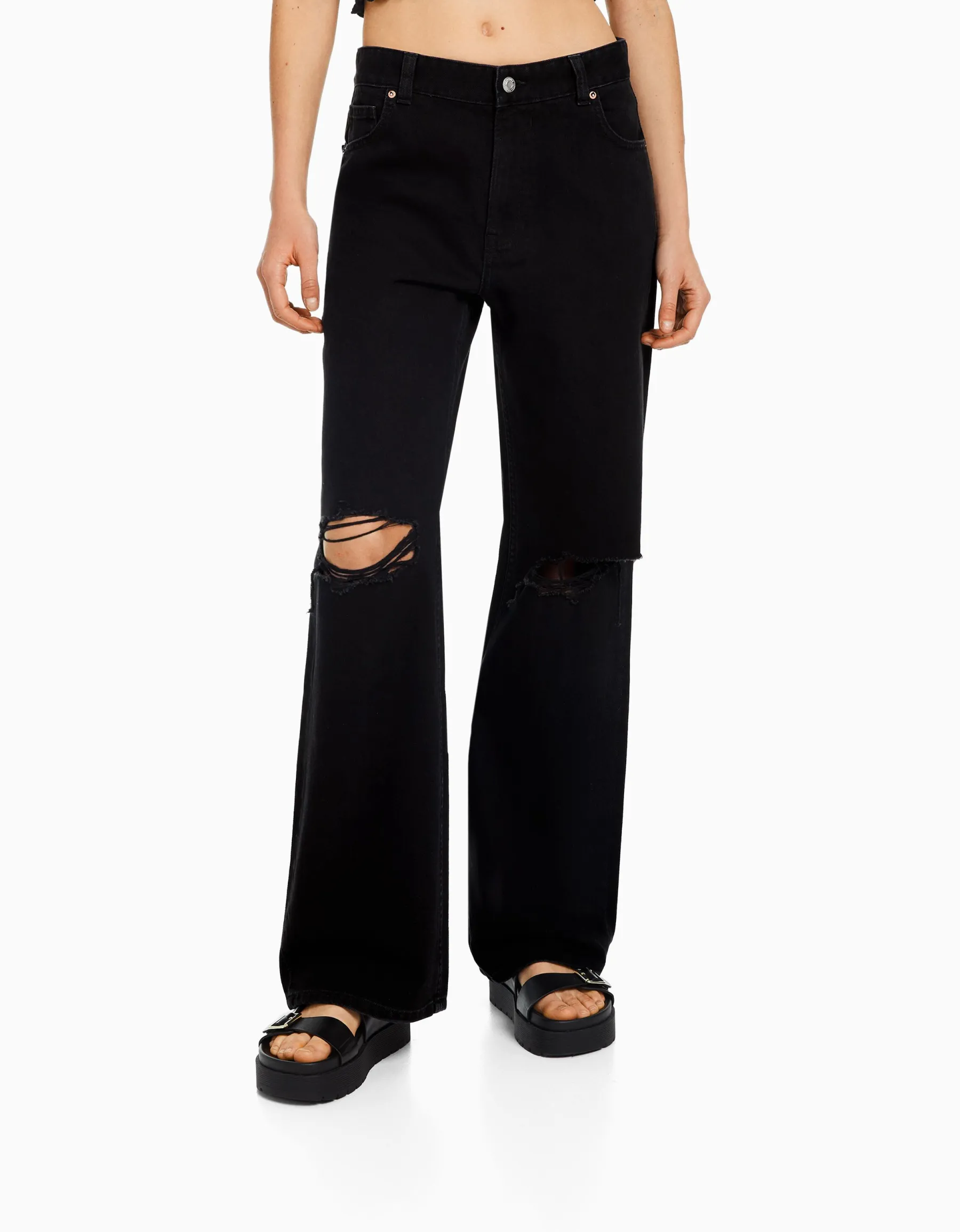 BERSHKA Jean 90’s wide leg déchiré Bleu Cheap