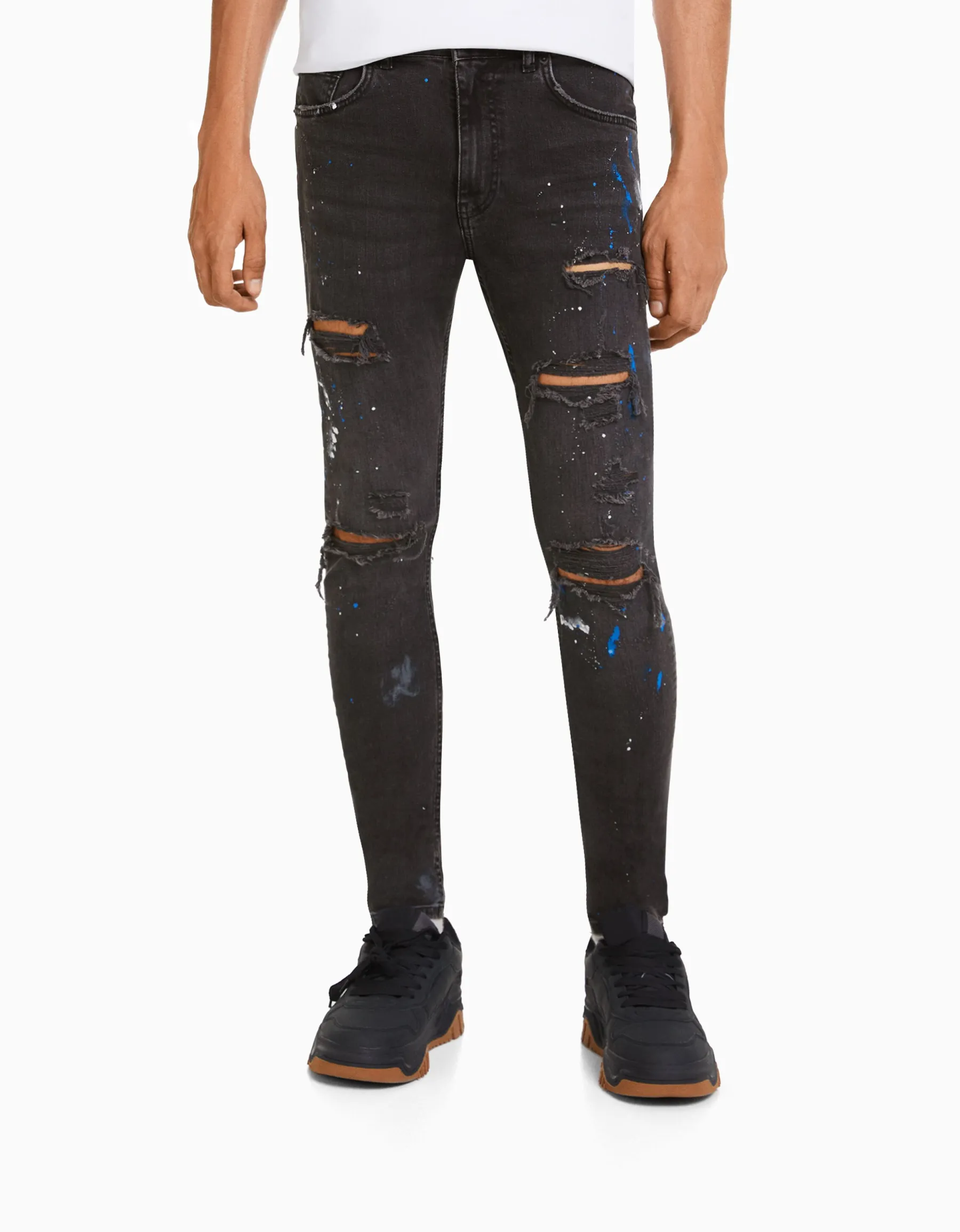 BERSHKA Jean skinny déchirures taches de peinture Bleu lavé Cheap
