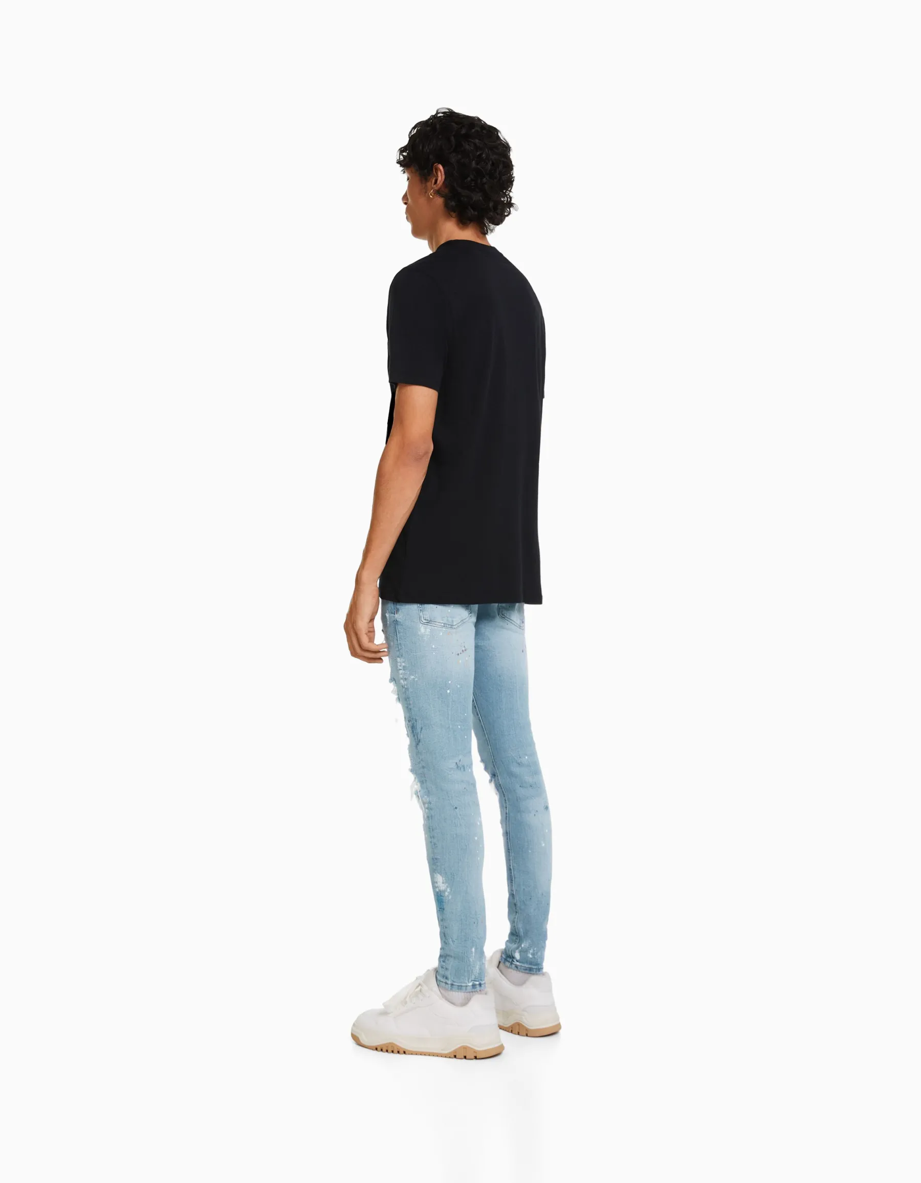BERSHKA Jean skinny déchirures taches de peinture Bleu lavé Hot
