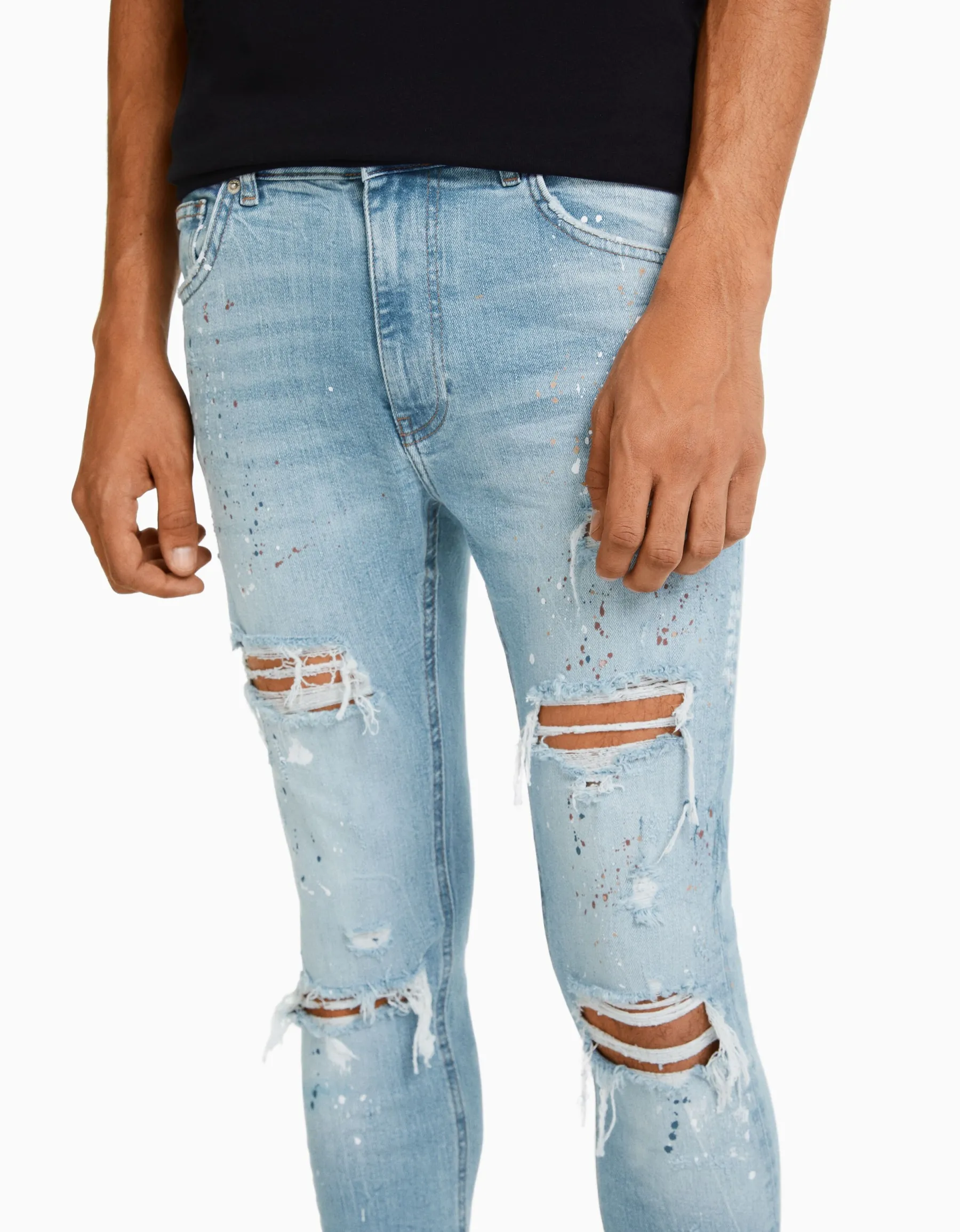 BERSHKA Jean skinny déchirures taches de peinture Bleu lavé Hot