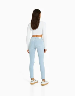 BERSHKA Jean skinny taille basse vintage Bleu Store