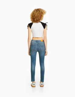 BERSHKA Jean skinny taille haute Bleu Discount