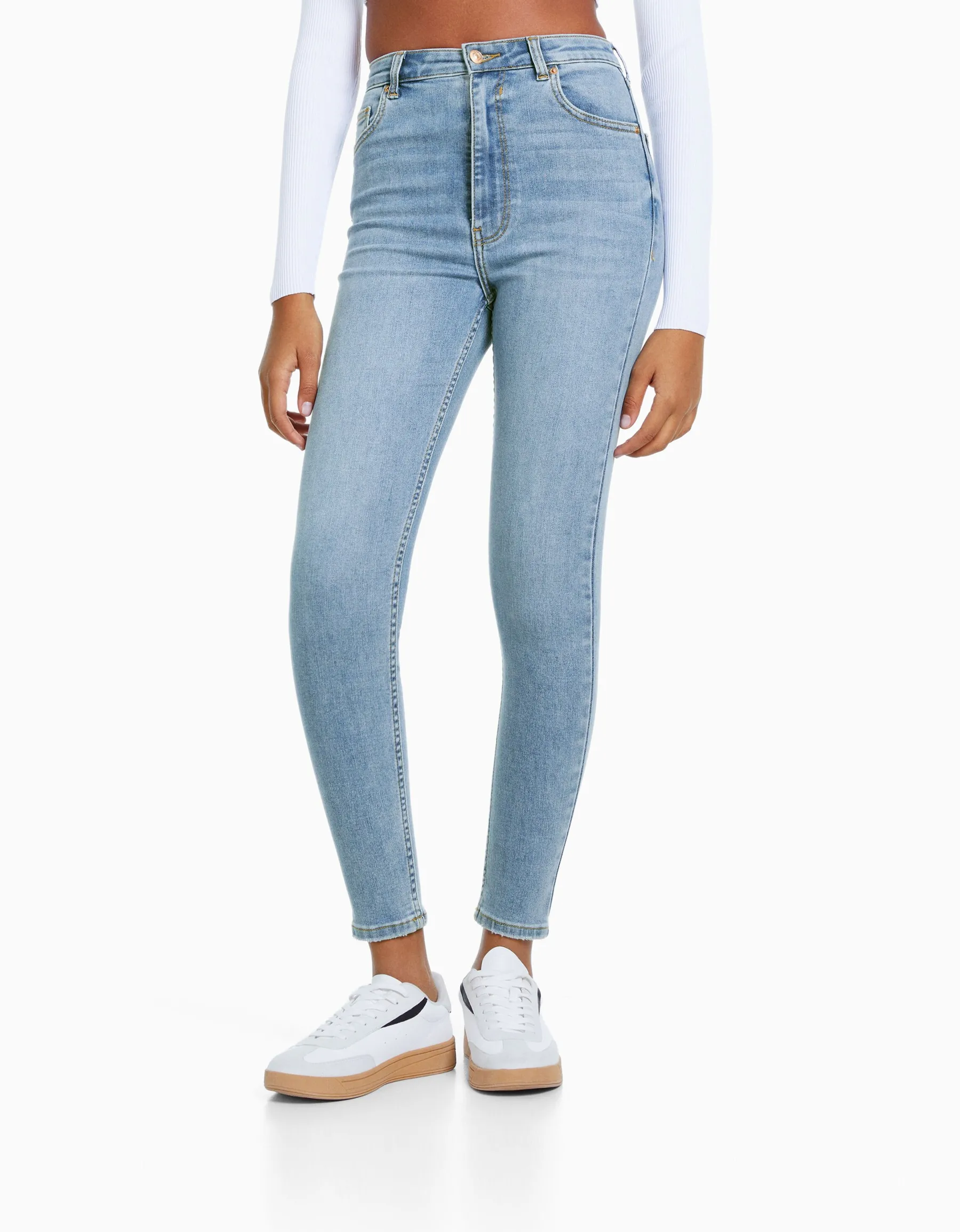 BERSHKA Jean skinny taille très haute Bleu Discount