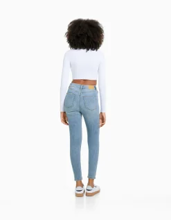 BERSHKA Jean skinny taille très haute Bleu Discount
