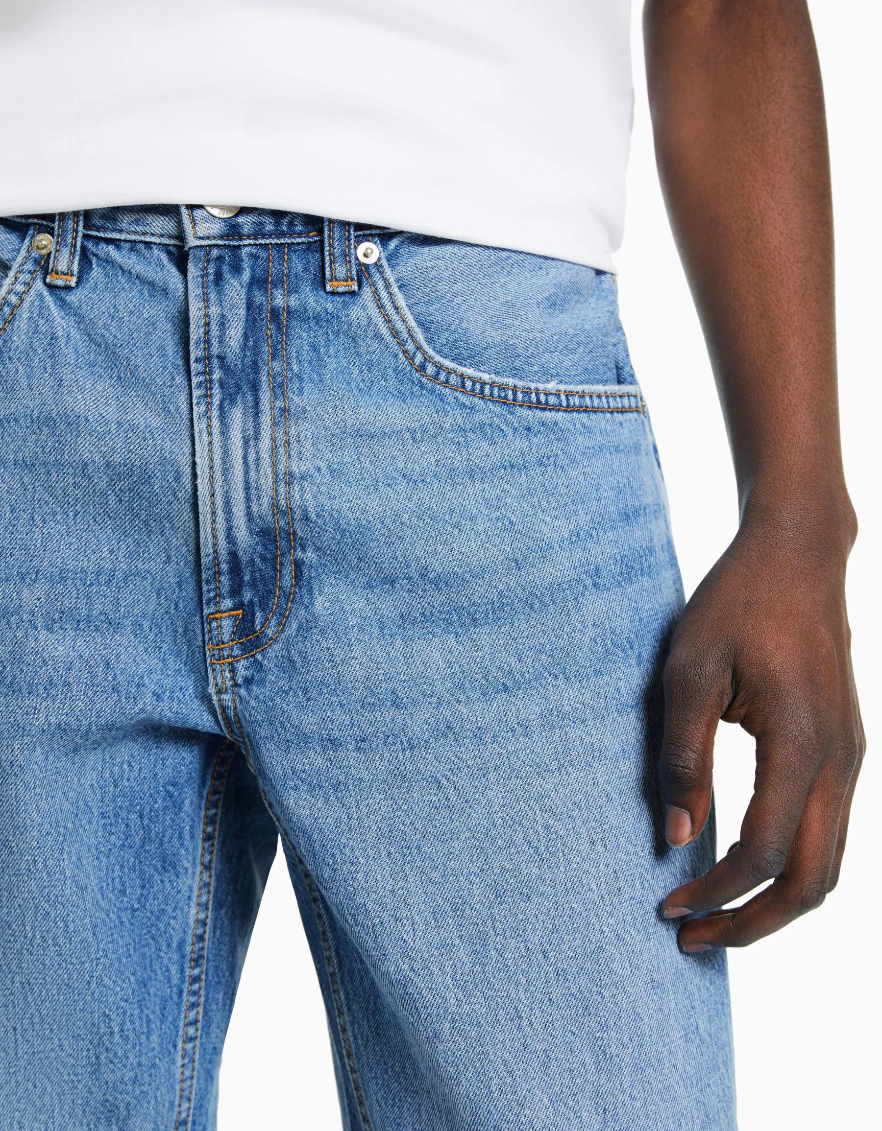 BERSHKA Jean straight style vintage Bleu lavé Cheap