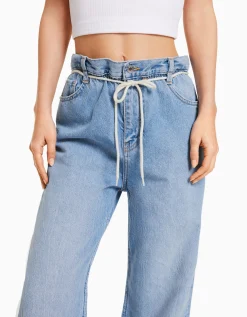 BERSHKA Jean straight taille élastique Bleu lavé Flash Sale