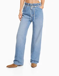 BERSHKA Jean straight taille élastique Bleu lavé Discount