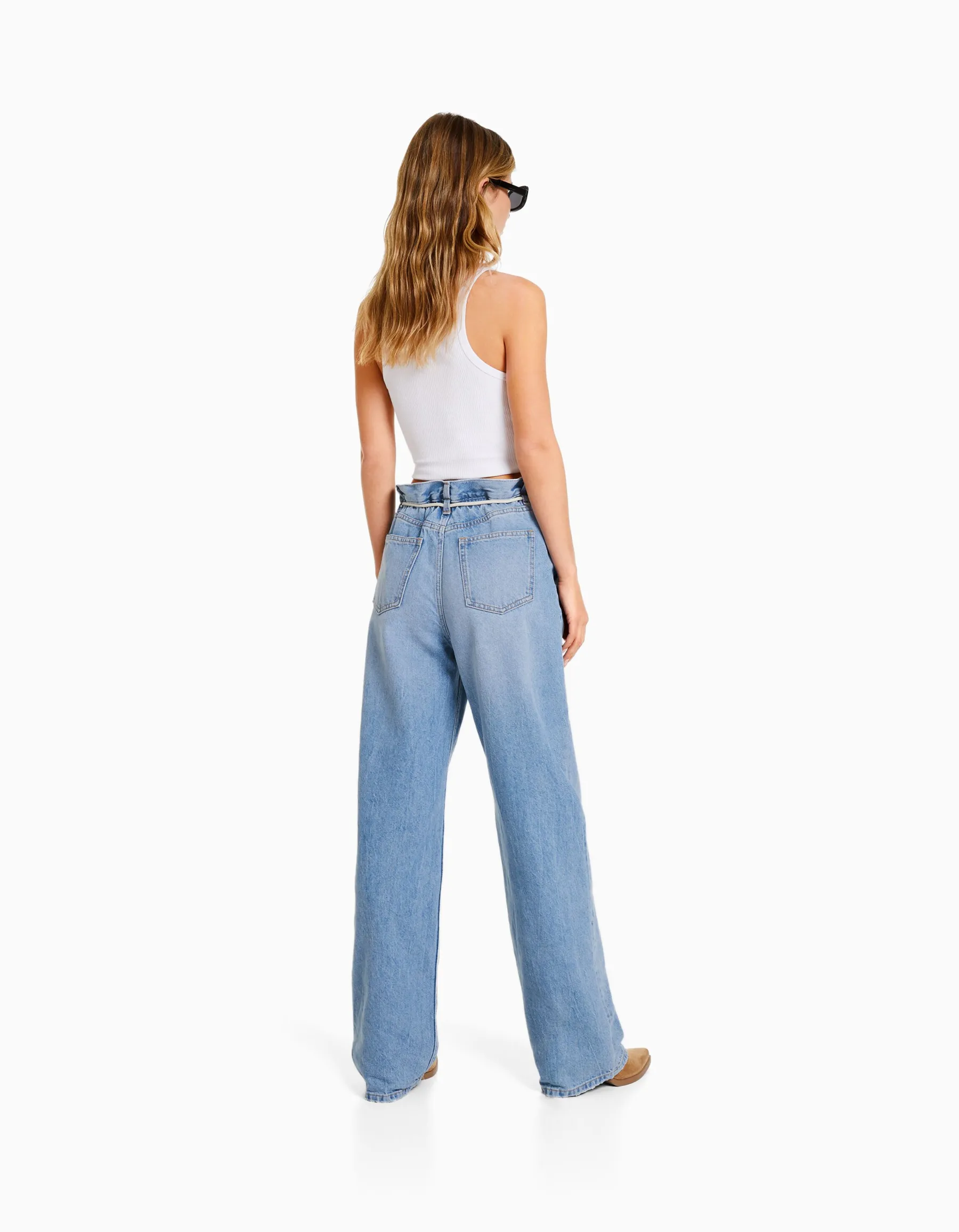 BERSHKA Jean straight taille élastique Bleu lavé Discount